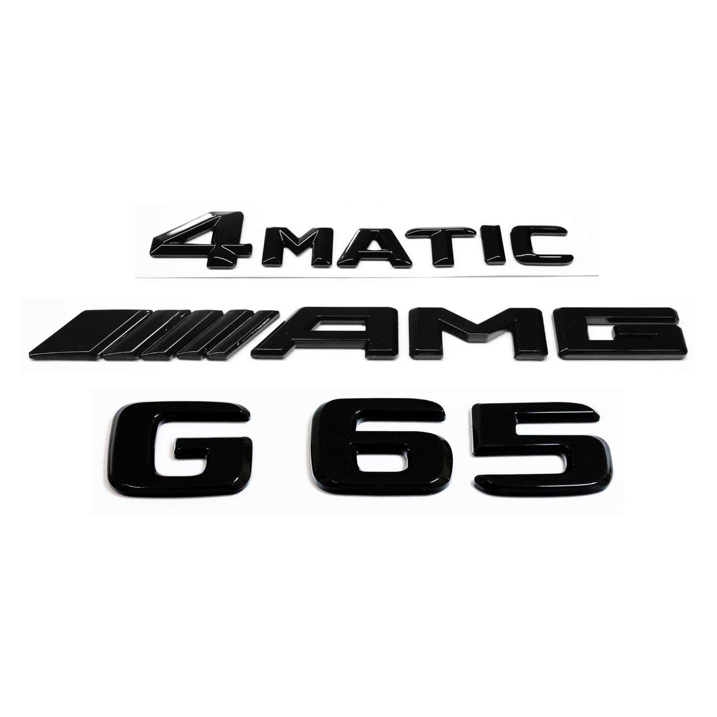 "G65" + "4MATIC" + "AMG" Gloss Black Raised Letter Emblem For Rear Trunk Lid Fits Mercedes G Class