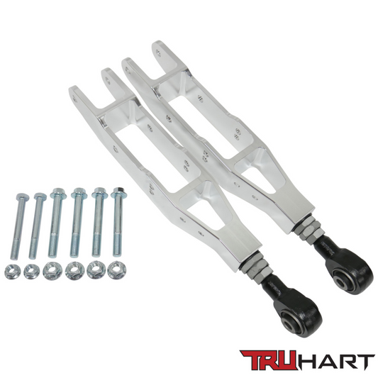 TruHart Rear Lower Control Arms (Adjustable), Polished for 09-20 Subaru Legacy/ Outback/ 08-23 Forester (TH-S108-PO)