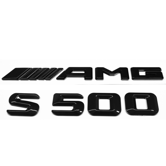 "S500" + "4MATIC" + "AMG" Gloss Black Raised Letter Emblem For Rear Trunk Lid Fits Mercedes S Class