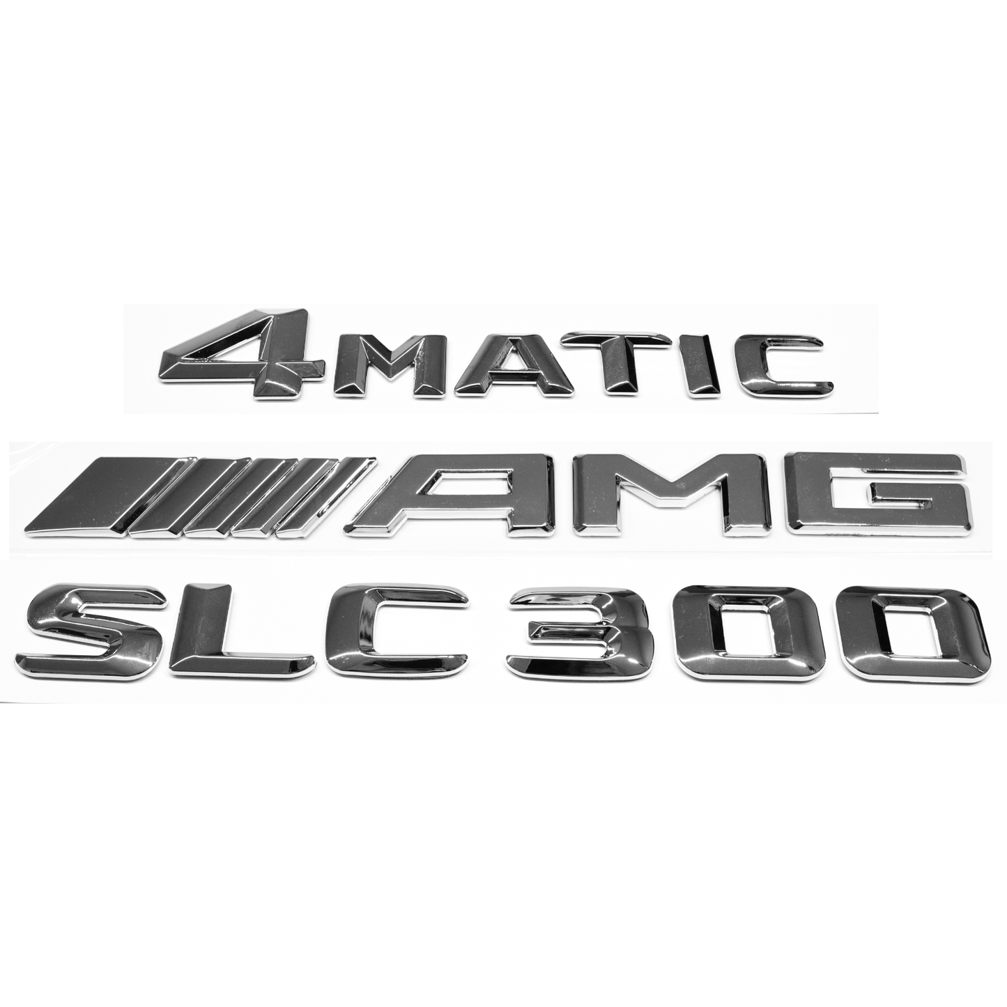 "SLC300" + "4MATIC" + "AMG" Chrome Raised Letter Emblem For Rear Trunk Lid Fits Mercedes SLC
