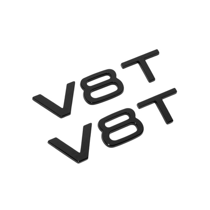 Pair of "V8T" Gloss Black Raised Letter Side Fender Emblems Fits Audi