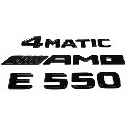 "E550" + "4MATIC" + "AMG" Gloss Black Raised Letter Emblem For Rear Trunk Lid Fits Mercedes E Class