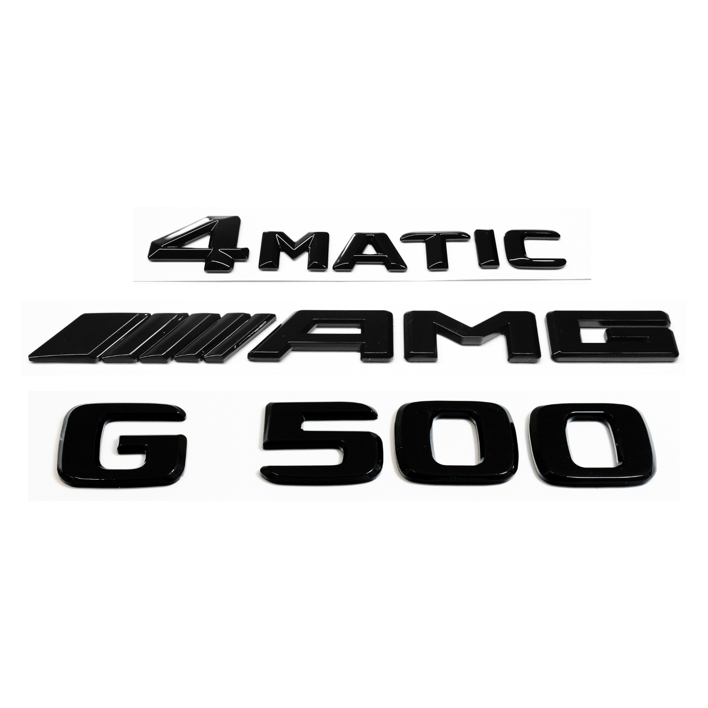 "G500" + "4MATIC" + "AMG" Gloss Black Raised Letter Emblem For Rear Trunk Lid Fits Mercedes G Class