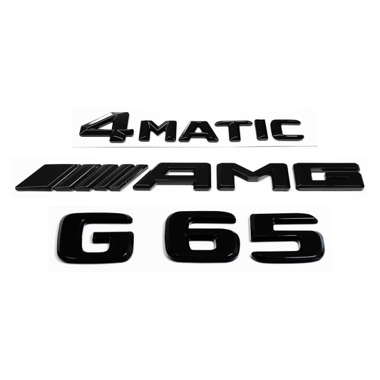 "G65" + "4MATIC" + "AMG" Gloss Black Raised Letter Emblem For Rear Trunk Lid Fits Mercedes G Class