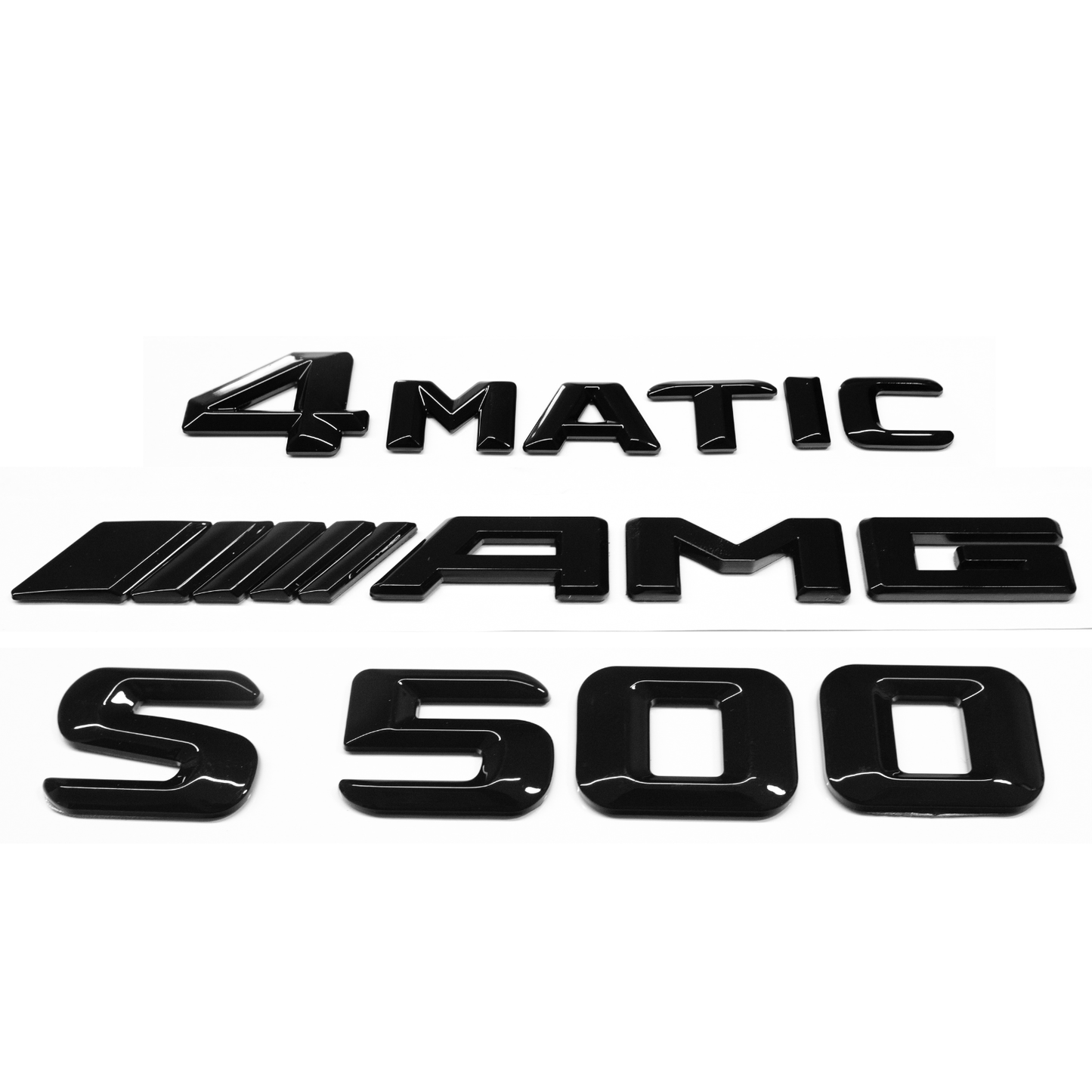 "S500" + "4MATIC" + "AMG" Gloss Black Raised Letter Emblem For Rear Trunk Lid Fits Mercedes S Class